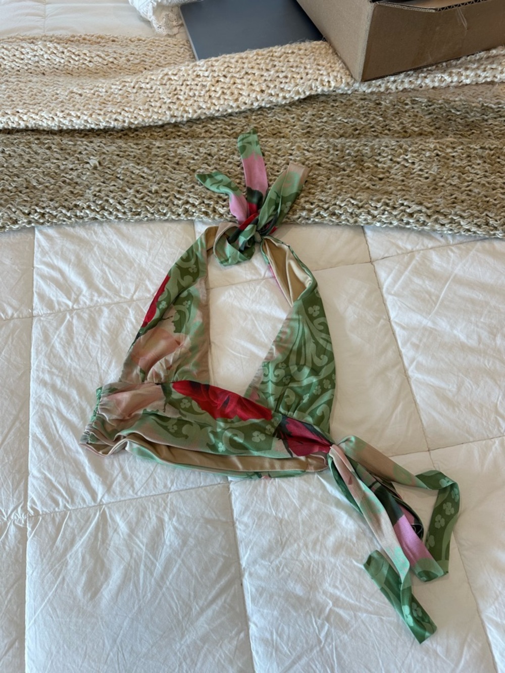 Tiger Mist Green Floral Scarf Halter Top with Pink & Red Accents